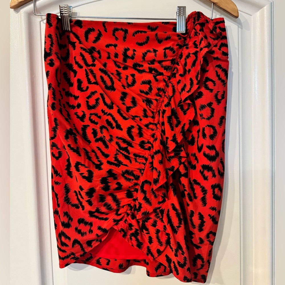 A.L.C. Leopard Red and Black Patterned Skirt Asymmetrical front with ruffle
